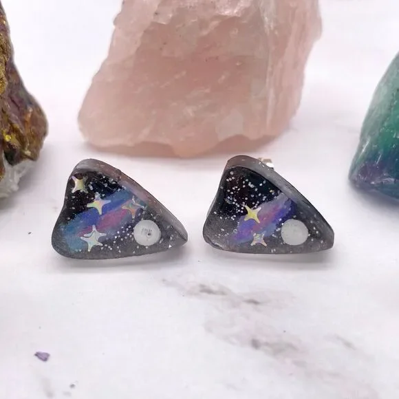 Black Space Galaxy Ouija Planchette Stud Earrings - Picture 1 of 7